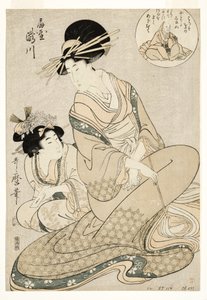 La cortesana Takigawa y su asistente del Ogiya en alusión al poeta, 1800-02 de Kitagawa Utamaro