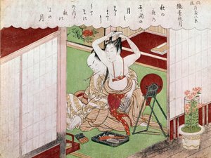 El tocador de la elegante. Estampa japonesa de Utamaro Kitagawa (1753-1806). 1794-1795. París, Museo Guimet, Museo Nacional de Artes Asiáticas