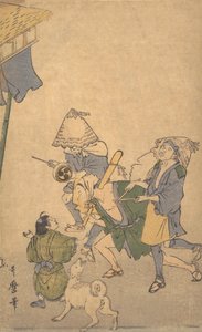 Tres juerguistas de las clases bajas, con sombreros Komuso..., finales del siglo XVIII-principios del XIX de Kitagawa Utamaro