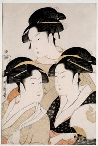 Tres bellezas de nuestro tiempo. Impresión japonesa de Utamaro Kitagawa (1753 - 1806) estilo Ukiyo-E, circa 1794. París, Museo Guimet