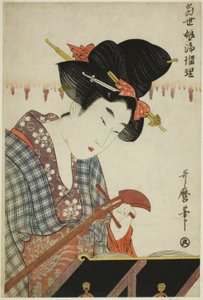 Afinando un Shamisen (Shamisen no nejime), de la serie "Cantando al Shamisen por Mujeres Jóvenes de Hoy (Tosei musume joruri)" de Kitagawa Utamaro