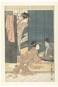 Dos cortesanas y un joven bajo un mosquitero de Kitagawa Utamaro
