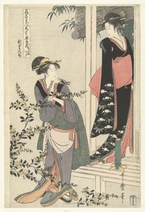Dos mujeres junto a un arbusto yamabuki en flor: el segundo acto. Nidanme (título sobre objeto) Parodia de la Chushingura por famosas bellezas. (título de la serie) Komei bijin mitate Chushingura (título de la serie sobre el objeto) de Kitagawa Utamaro