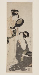 Dos damas, cada una con una parte de un espejo lacado de Kitagawa Utamaro