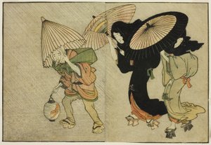 Dos mujeres y un asistente atrapados en una tormenta, del libro ilustrado "Libro de imágenes: Flores de las cuatro estaciones (Ehon shiki no hana)," vol. 2 de Kitagawa Utamaro