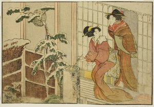 Dos mujeres en la veranda en una mañana nevada, del libro ilustrado "Libro de imágenes: Flores de las cuatro estaciones," vol. 2 de Kitagawa Utamaro