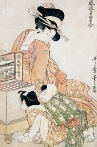 Dos niños mirando dentro de una gran caja óptica de Kitagawa Utamaro