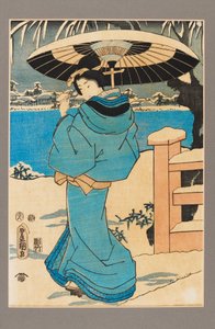 Grabado Ukiyo-e - Una mujer sosteniendo un peine, siglo XIX