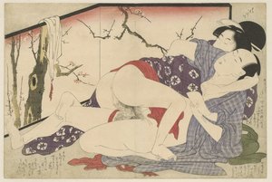Pareja haciendo el amor junto al separador de ambientes Negai no itoguchi (título de la serie) de Kitagawa Utamaro