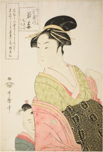 Wakaume del Tamaya en Edo-cho itchome, y sus asistentes infantiles Mumeno e Iroka (Edo-cho itchome, Tamaya uchi Wakaume Mumeno Iroka) de Kitagawa Utamaro