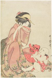 Mujer jugando con un niño que lleva una máscara de tengu de Kitagawa Utamaro