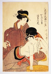 Mujer lavándose, circa 1803, ilustración de Kitagawa Utamaro (1753-1806) de Hana Awase Kesho Kurabe, Aiban-tate-e xilografía, civilización japonesa, período Edo