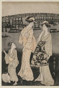 Mujeres Disfrutando del Frescor de la Tarde Cerca del Puente Ryogoku