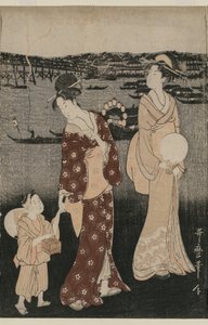 Mujeres Disfrutando del Frescor de la Tarde Cerca del Puente Ryogoku