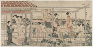 Mujeres colgando ropa para secar en un balcón, principios de la década de 1790 de Kitagawa Utamaro