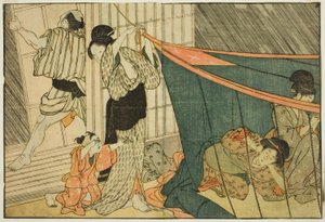 Mujeres dentro de una mosquitera durante una tormenta, del libro ilustrado "Libro de imágenes: Flores de las cuatro estaciones (Ehon shiki no hana)," vol. 1 de Kitagawa Utamaro