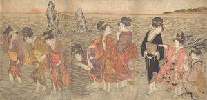 Mujeres adorando al sol naciente entre las rocas gemelas en Ise, finales del siglo XVIII-principios del siglo XIX