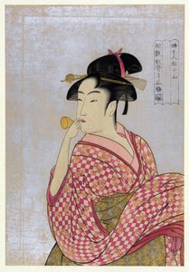 Joven mujer soplando una pipa de vidrio, de la serie Diez tipos en el estudio fisonómico de mujeres de Kitagawa Utamaro