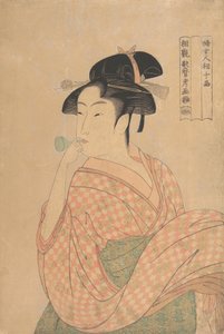 Joven Mujer Soplando un Ruidoso de Vidrio Popen, ca. 1792-93 de Kitagawa Utamaro