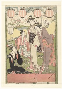 Tres mujeres y un niño bajo faroles. de Kitao Masanobu (attributed to)