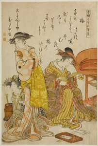 La cortesana Hitomoto del Daimonjiya, del álbum "Comparando nuevas bellezas de Yoshiwara - Un espejo de sus propios escritos (Keisei shin bijin awase jikihitsu kagami)" de Kitao Masanobu