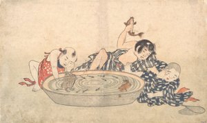 Niños jugando con una palangana de peces y tortugas, principios del siglo XIX