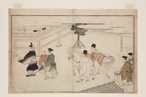 Presentación de Año Nuevo de un caballo blanco de Kitao Shigemasa