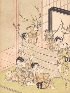 Niños pequeños realizando un espectáculo de marionetas, ca. 1770. de Kitao Shigemasa