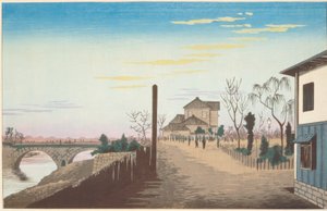 Sol naciente desde el puente Bandai de Kiyochika Kobayashi