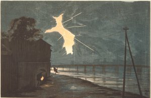 Trueno y relámpago sobre el puente Onmaya de Kiyochika Kobayashi