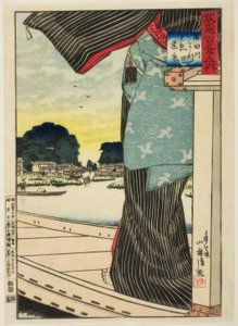 Vista lejana de la colina Matsuchi desde el río Sumida (Sumidagawa yori Matsuchiyama enkei) de la serie “Cien vistas de la provincia de Musashi (Musashi hyakkei no uchi) de Kiyochika Kobayashi