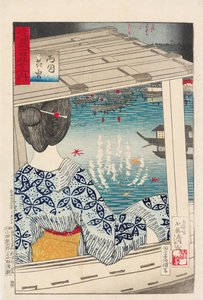 Fuegos artificiales en el puente de Ryogoku de Kiyochika Kobayashi