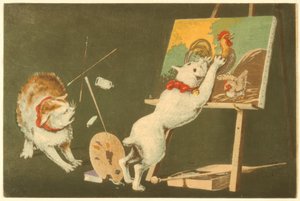 Gatos y lienzo de Kiyochika Kobayashi