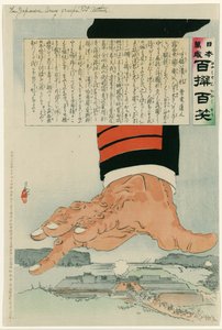 Guerra Ruso-Japonesa 1904-1905: Una enorme mano japonesa aplasta Port Arthur (Lushun) el 25 de julio de 1904. Rusia rindió finalmente Port Arthur el 2 de enero de 1905. Kobayashi Kiyochika (1847-1915) Artista japonés.