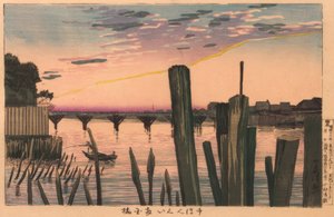 Estacas rompeolas y puente Ryogoku de Kiyochika Kobayashi