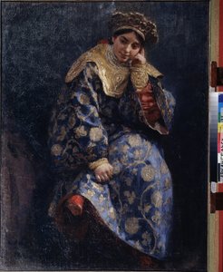 La hija de Boyar (Boiard, boiar) (La hija de Boyar). Retrato de una joven noble rusa tradicional, durante la época de los disturbios, entre 1598 y 1613. Pintura de Klavdi Vasilyevich Lebedev (1852-1916), óleo sobre lienzo de Klavdiy Vasilievich Lebedev