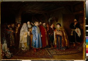 Boda boyarda (boyar, boyardo) en el siglo XVI, la novia lleva un kokochnik (La boda del boyardo) - Óleo sobre lienzo de Klavdi Vasilyevich Lebedev (1852-1916)