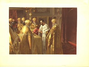 La ceremonia de coronación de Nicolás II. La Eucaristía, 1899 de Klavdiy Vasilievich Lebedev