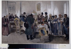 Subasta Venta de Siervos. Entre diversos objetos (alfombra, jaula de pájaros, cuadros, libros y baratijas), se exhibe una familia campesina para ser vendida. Nobles y terratenientes pasean y observan, rodeados