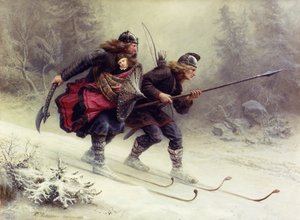 Soldados del rey noruego Sverre, Torstein Skevla y Skjervald Skrukka llevando al hijo del rey, Hakon Hakonsson.