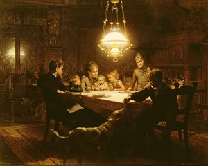 Cena familiar a la luz de la lámpara, siglo XIX de Knut Ekvall