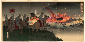 Avanzando a través del río Ansong en la Batalla de Asan de Kobayashi Kiyochika