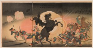 Bombardeo del campamento enemigo mientras nuestro segundo ejército aterriza en la fortaleza de Jinzhou de Kobayashi Kiyochika