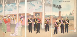 Ilustración de la llegada del Emperador a la estación de Shinbashi tras una victoria Gaise..., 1895