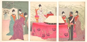 Ilustración de la visita de la emperatriz al cuartel general del Estado Mayor [para presentar una bandeja de vendas] (Sanbō honbu gyōkei no zu) de Kobayashi Kiyochika