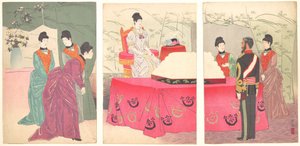 Ilustración de la Emperatriz visitando el Cuartel General del Estado Mayor [para presentar una bandeja] de Kobayashi Kiyochika