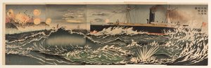 Nuestra flota de buques de guerra bombardeando la bahía de Dalian de Kobayashi Kiyochika