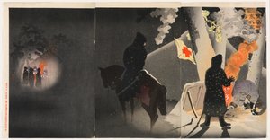 Nuestras tropas instalan un vivac en Yingkou mientras se enfrentan al frío amargo de Kobayashi Kiyochika