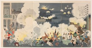 Pánico en las calles de la ciudad durante el bombardeo de Port Arthur de Kobayashi Kiyochika