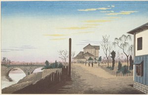 El sol naciente desde el puente Yorozubashi de Kobayashi Kiyochika